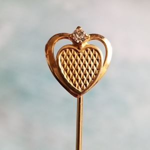 Vintage heart stickpin gold tone lapel brooch love clear crystal